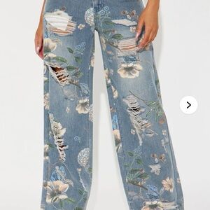 Floral Distressed Blue Jeans